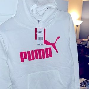 All White w/ Pink Lettering Puma Hoodie-
Size XL Kids- **BRAND NWT**